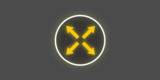 Gult og hvitt ikon med fire piler som peker utover fra midten av en sirkel, på mørkgrå bakgrunn, som viser 4-veis stretch.
