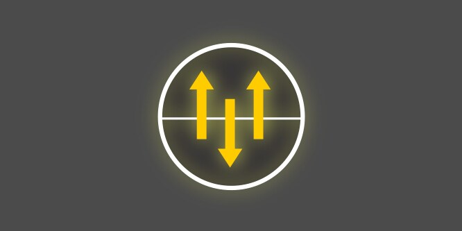 Gult og hvitt ikon med piler i en sirkel som peker opp og ned, på mørkgrå bakgrunn, som viser pusteevne og fuktavledning.
